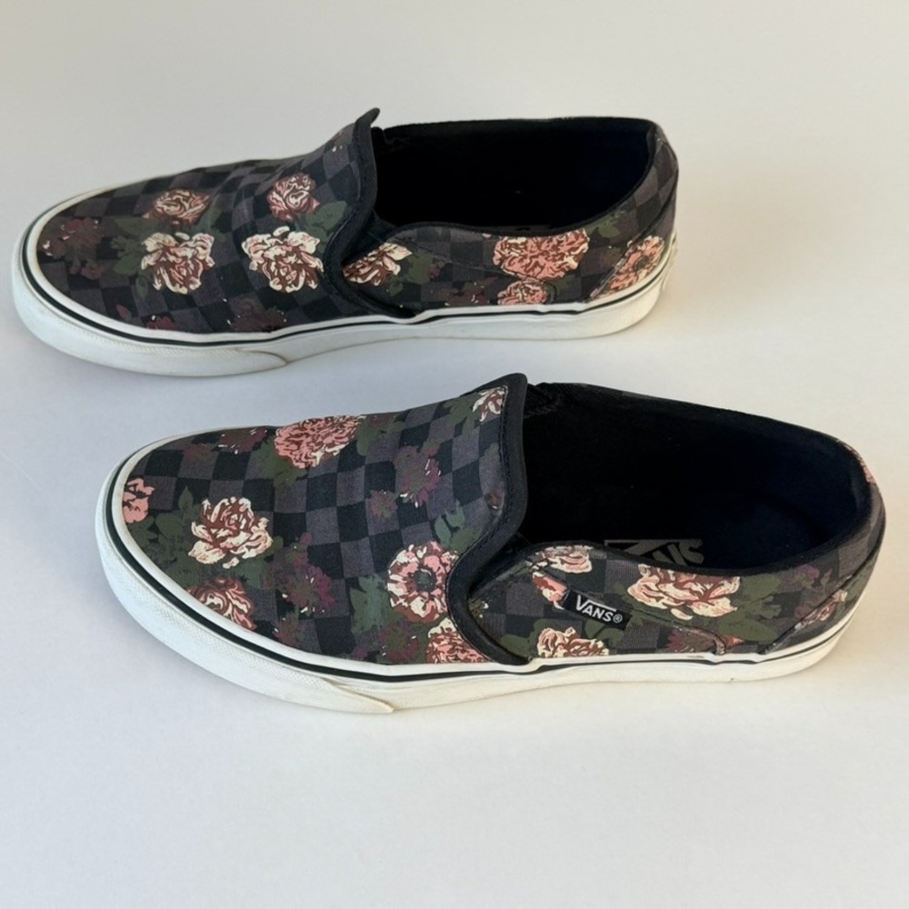 VANS Womens Floral Checkerboard Asher Skate Shoes Size 7.5 Slip On - Picture 3 of 9